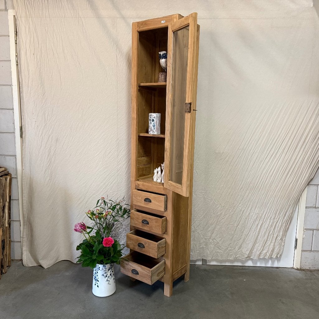 smalle vitrinekast teak - 40 cm breed - Gratis bezorgd, TTM Wonen, Meubels – (Perzische) Tapijten en Woonaccessoires, Minder dan 50 cm