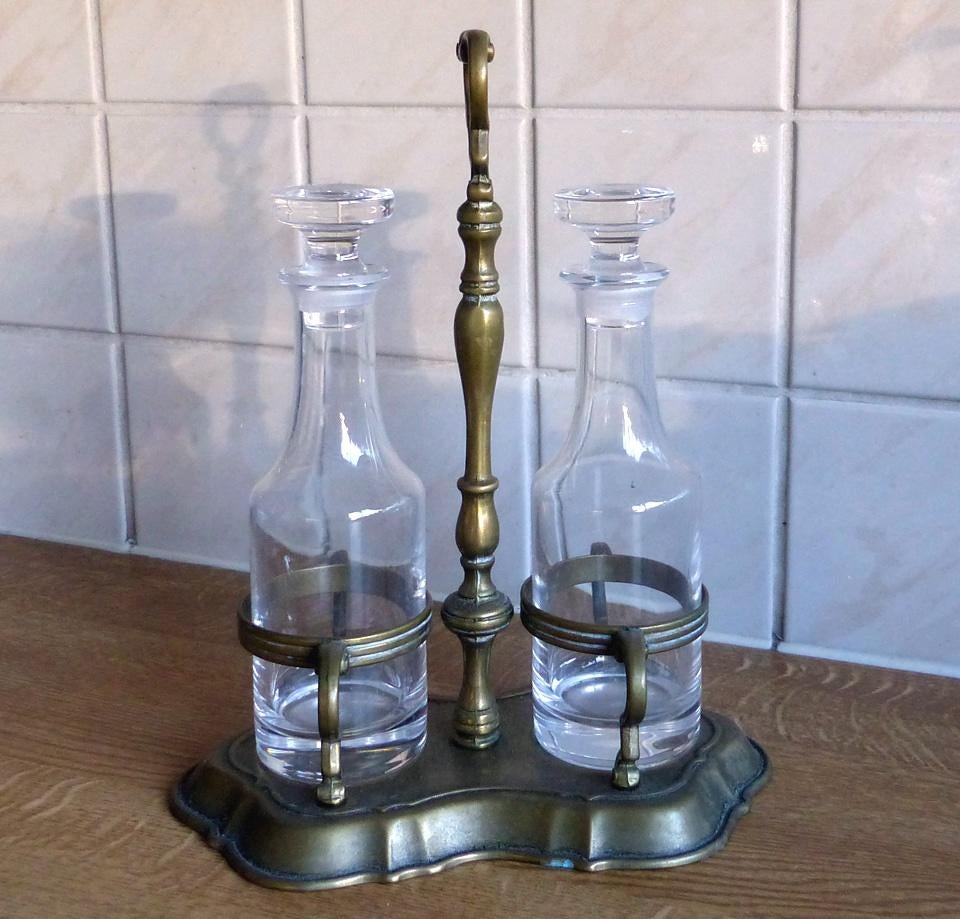Brocante menage set olie azijn stel glas flesjes in houder, Huis en Inrichting, Keuken | Servies, Gebruikt, Overige typen, Ophalen of Verzenden