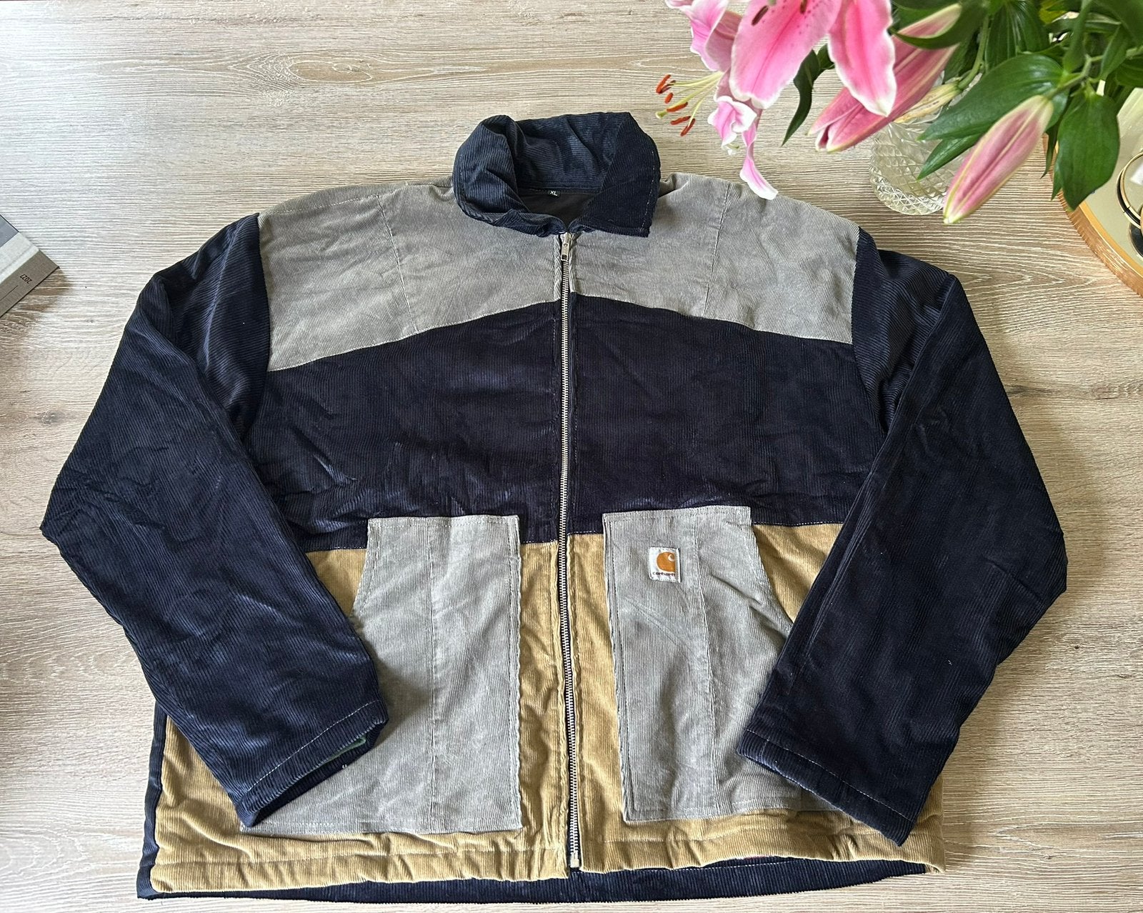 Unieke Carhartt Reworked Patchwork Corduroy Jas – Maat XL, Verzenden, Zo goed als nieuw, Maat 56/58 (XL), Grijs
