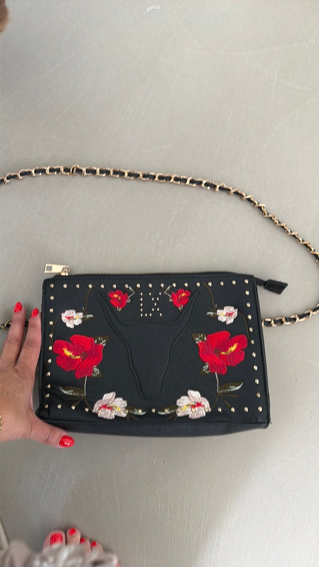 Alix tas met afneembaar hengsel en geborduurde bloemen, Sieraden, Tassen en Uiterlijk, Ophalen of Verzenden, Gebruikt, Zwart, Schoudertasje