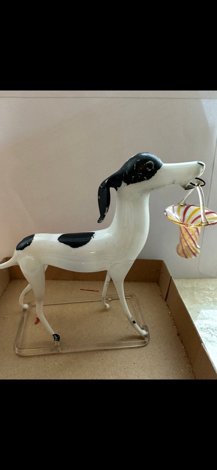 Antieke oude kerstversiering Lauscha melkglazen hondje, Ophalen of Verzenden, Zo goed als nieuw