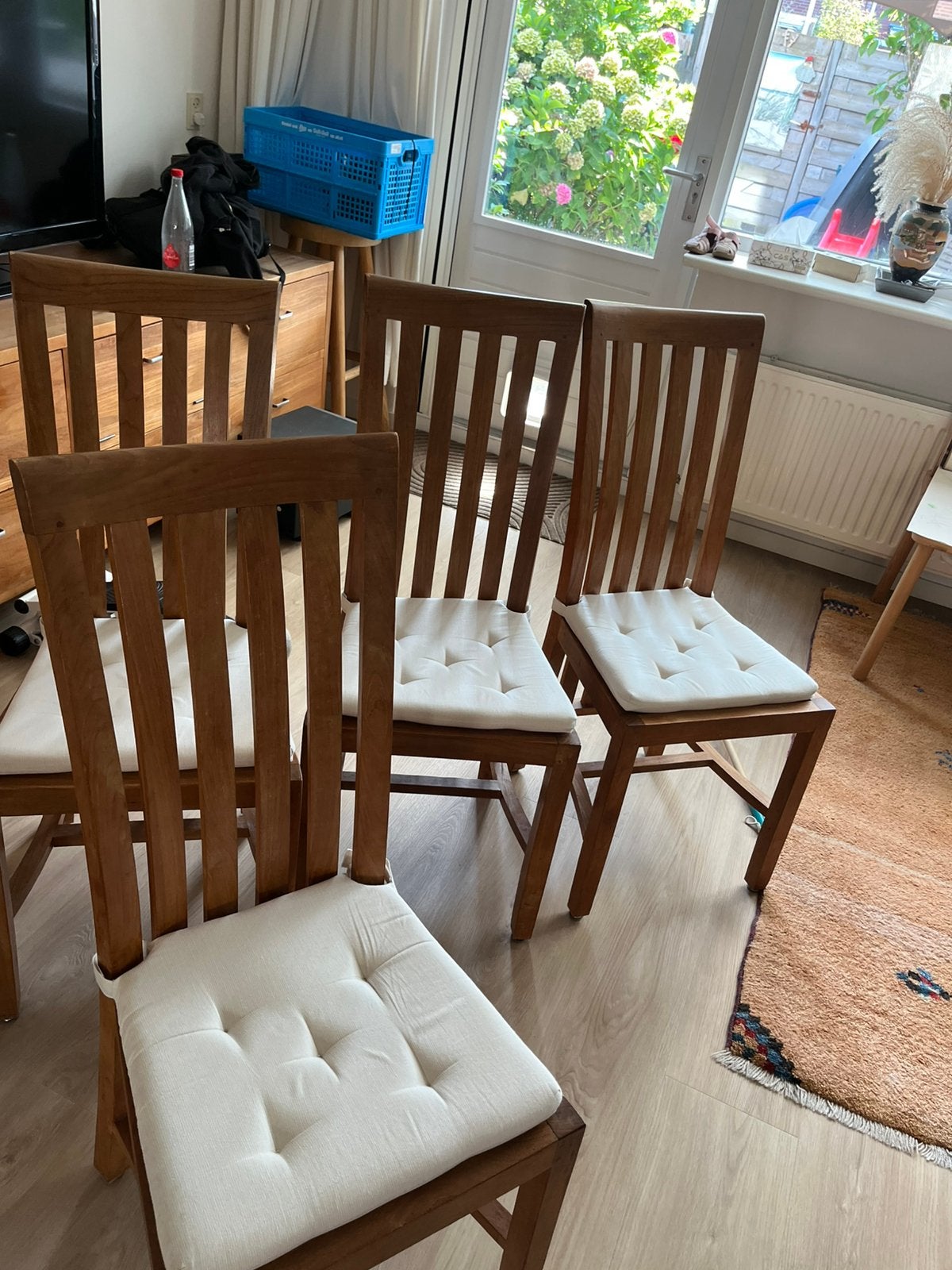 Set van 6 massief teakhouten eetkamerstoelen, Huis en Inrichting, Stoelen, Ophalen, Gebruikt, Bruin, Vijf, Zes of meer stoelen