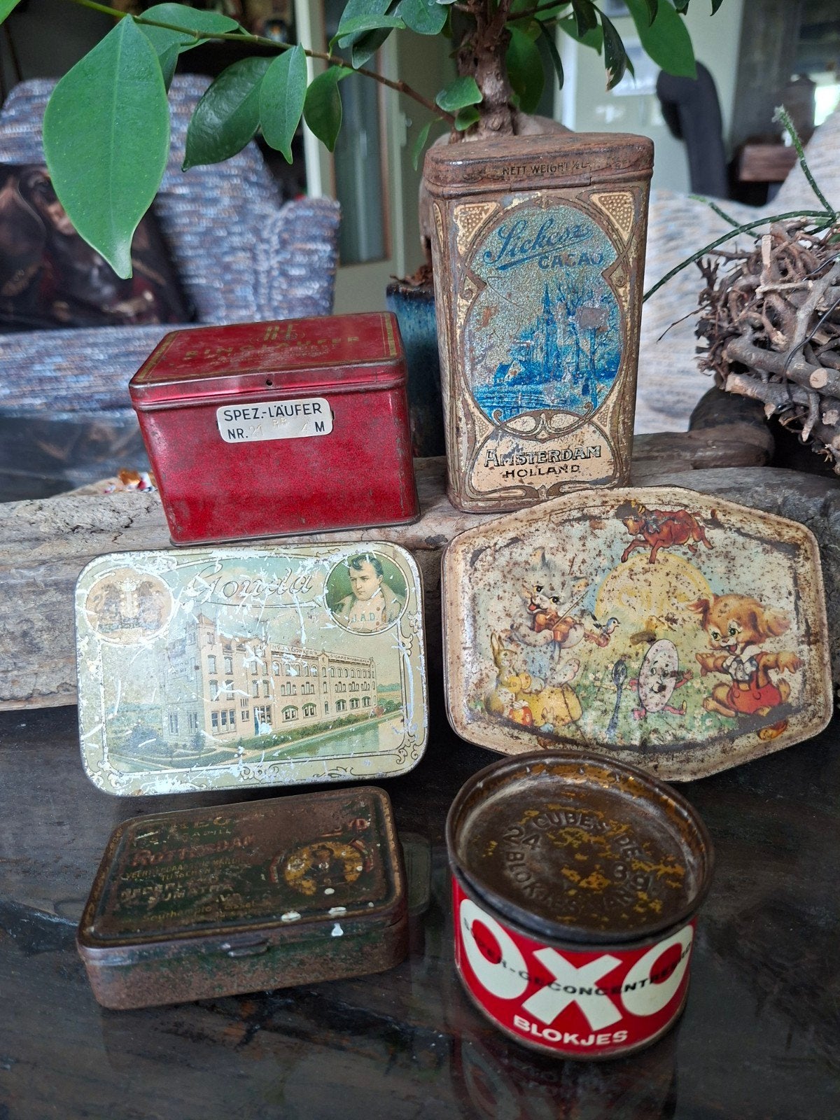 Set van 6 Antieke Blikken Trommels - Diverse Merken, Ophalen of Verzenden, Gebruikt, Overige, Overige merken