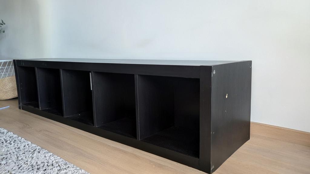 IKEA KALLAX zwart tv-meubel met 5 vakken en 2 manden, Ophalen, Overige materialen, Gebruikt, 100 tot 150 cm