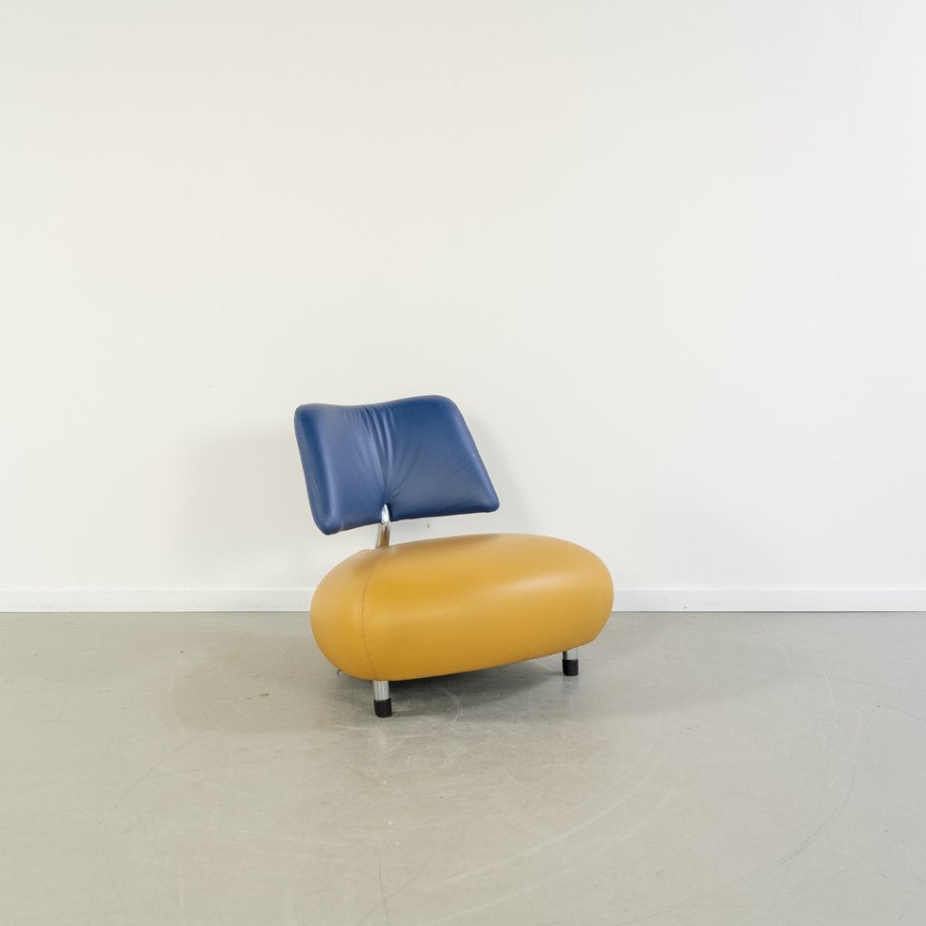 1x Leolux Pallone Fauteuil Okergeel/Blauw Leer - Chroom, Niet ingevuld, Niet ingevuld, 75 tot 100 cm, Ophalen of Verzenden