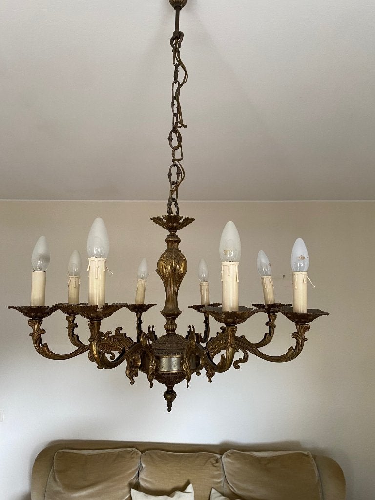 Antieke bronzen kroonluchter met 8 kaarslampen, Ophalen, Gebruikt, E14 (klein), Klassiek, Antiek, Barok