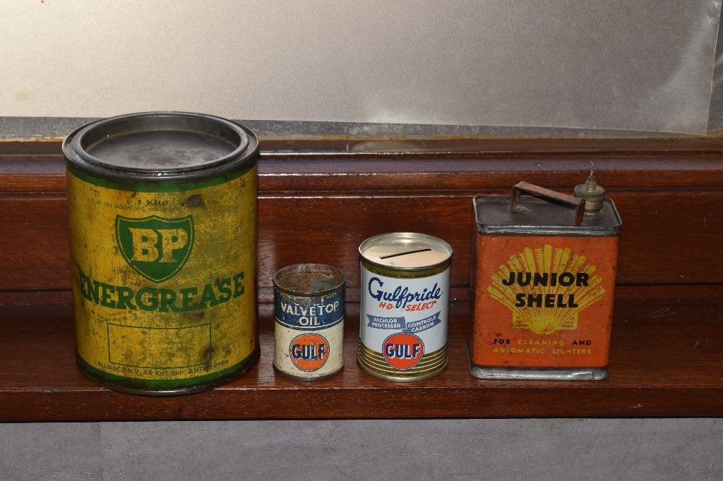 Collectie 4 olie blik Shell BP Energol Gulf, Ophalen of Verzenden, Gebruikt, Reclamebord
