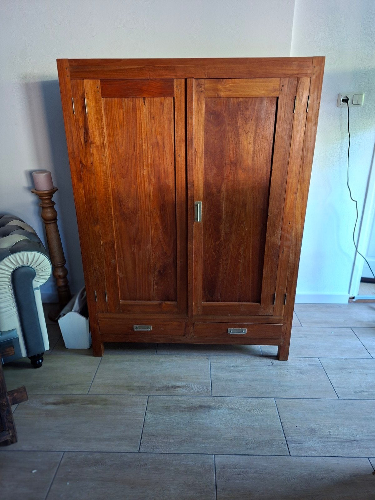 Teakhouten kast met 2 deuren en 2 lades, Ophalen, Gebruikt, 50 tot 100 cm, Modern