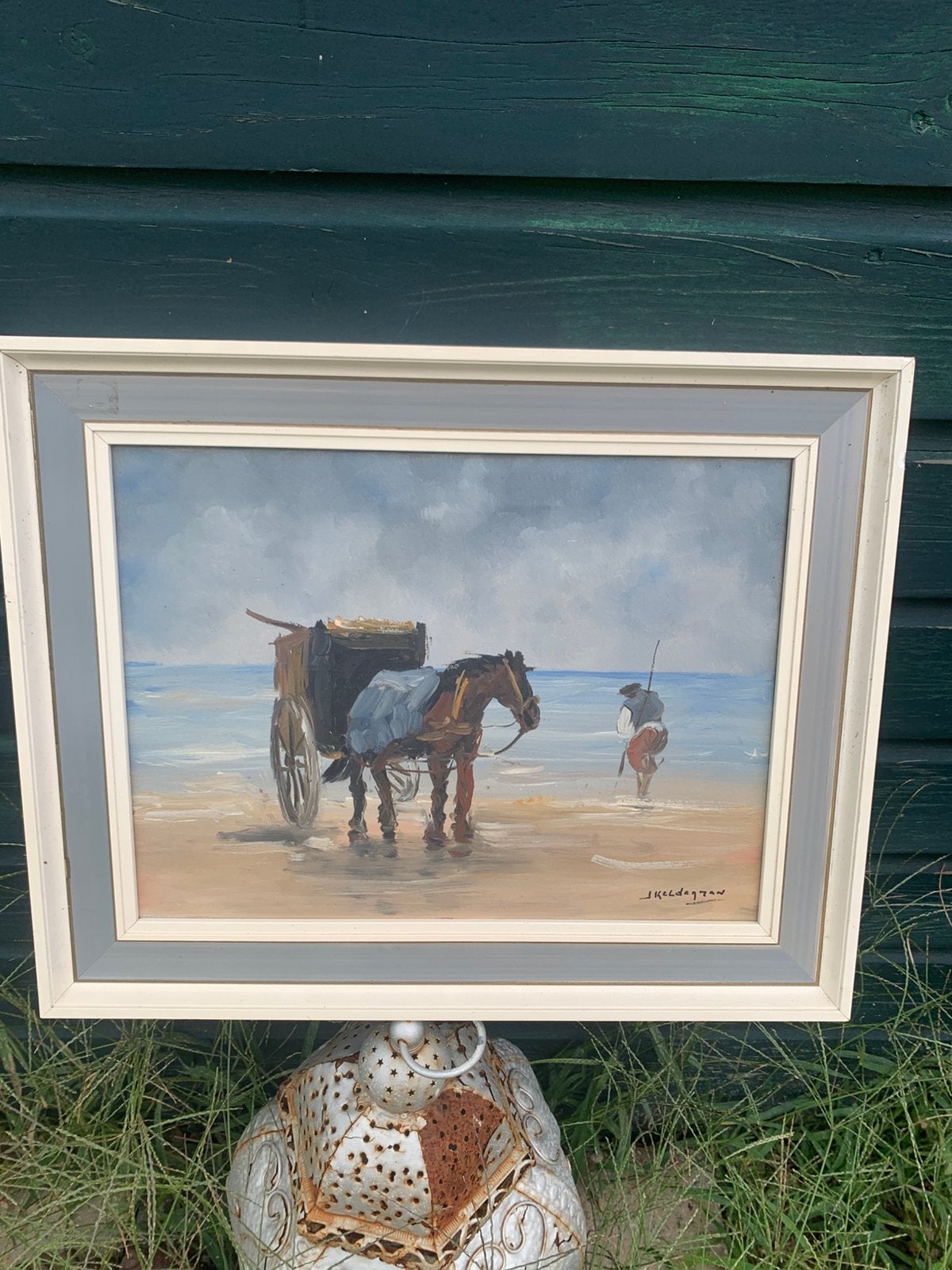 Schilderij J Kelderman Schelpenvisser, Origineel werk, Landschap, Olieverf, Doek