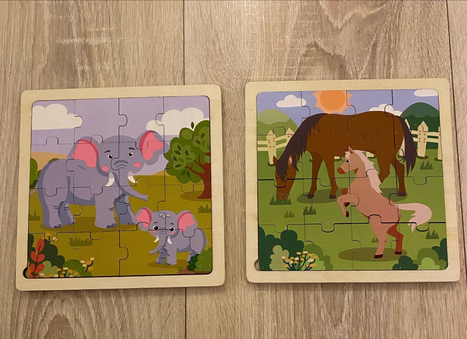 Houten Dieren Puzzels - Olifant en Paard (2 stuks), 2 tot 4 jaar, 10 tot 50 stukjes, Ophalen of Verzenden, Zo goed als nieuw