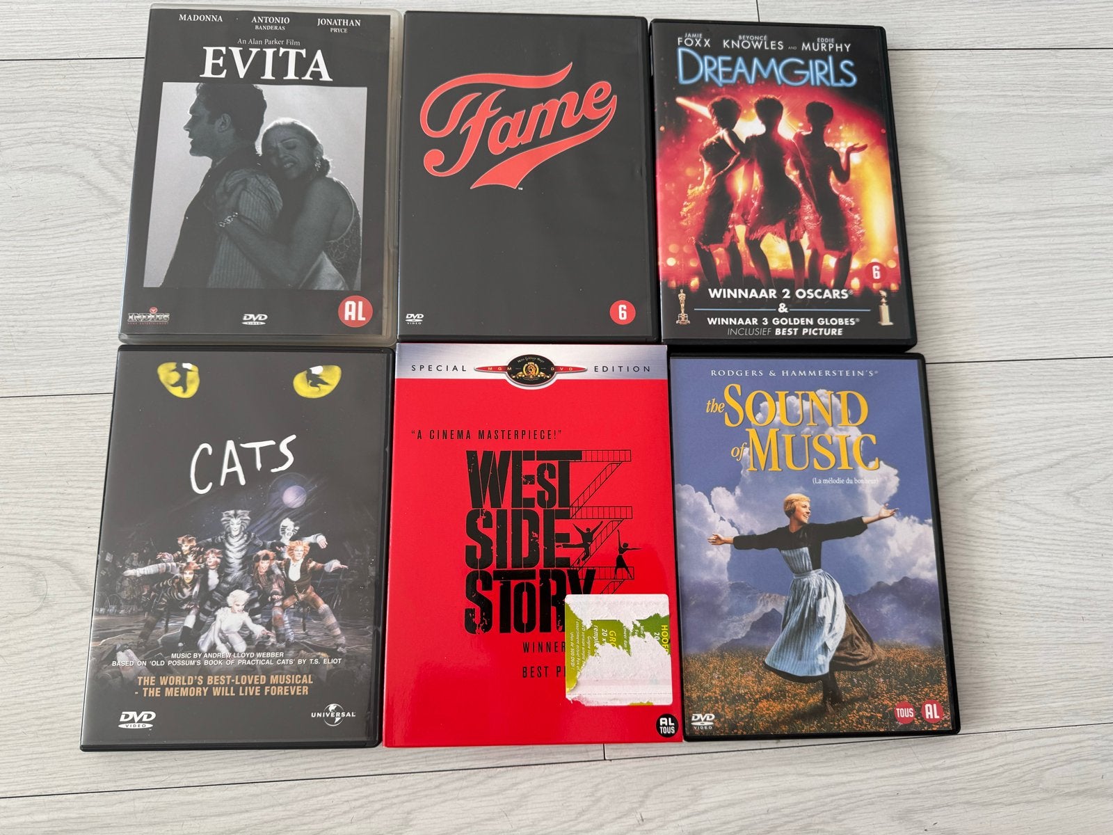 6 Musical DVD's: Evita, Fame, Dreamgirls, Cats, West Side St, Gebruikt, Ophalen of Verzenden, Film, Vanaf 6 jaar