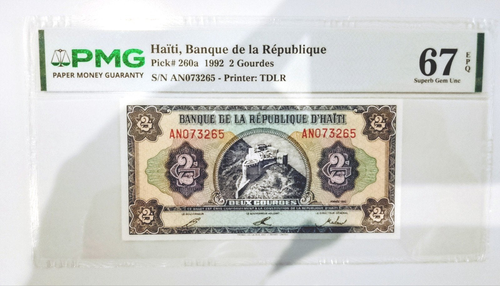 Bankbilet Haiti 2 Goudres 1992 PMG 67 EPQ., Ophalen of Verzenden