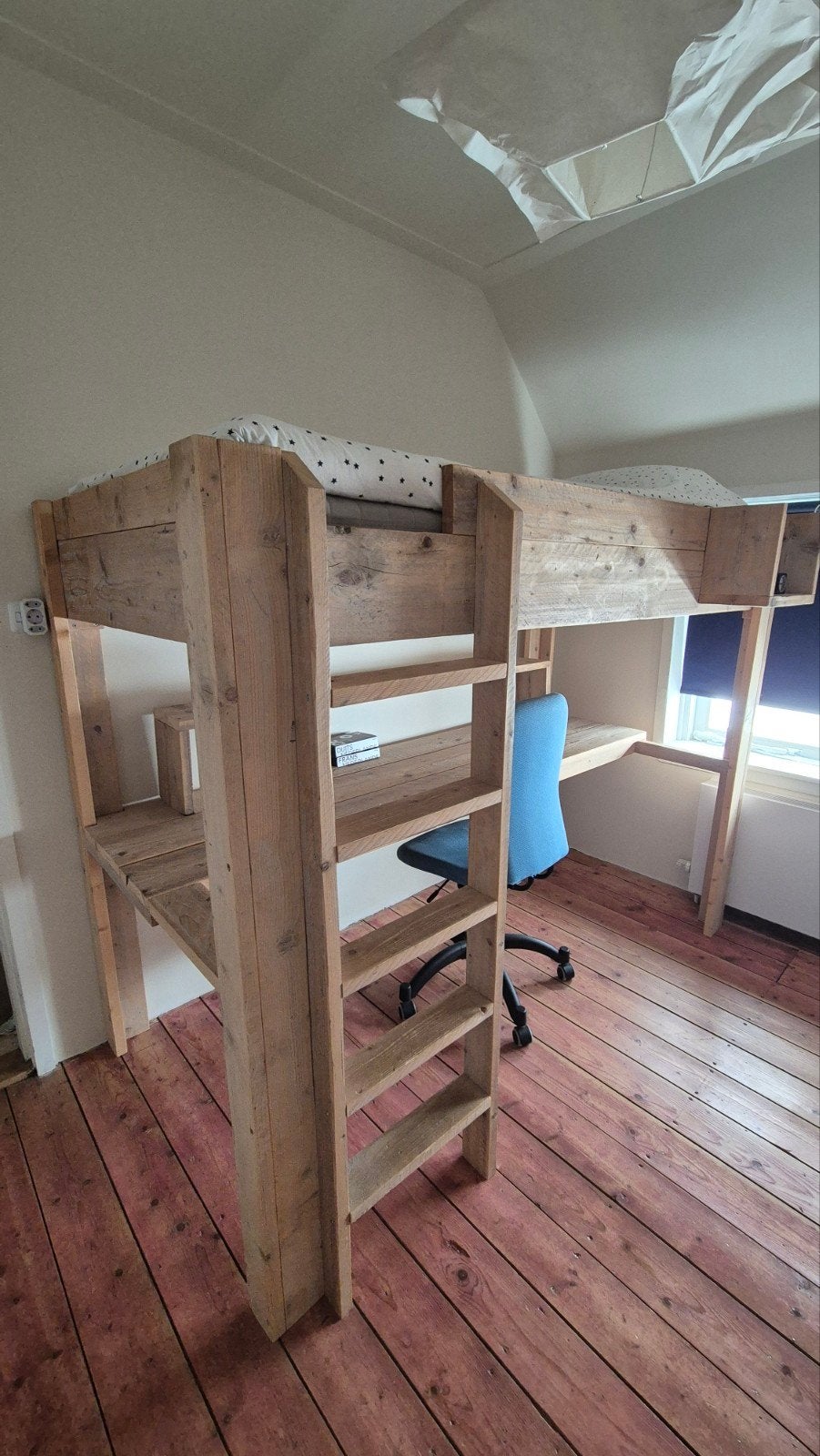 Steigerhouten Hoogslaper 1-persoons met Bureau, Ophalen, Hoogslaper, Eenpersoons, 210 cm