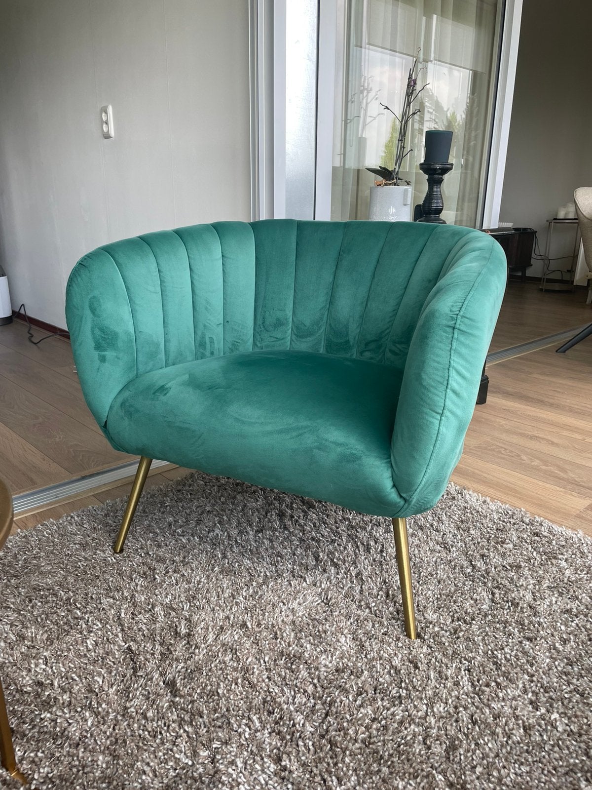 Luxe groene stoel met gouden poten, Ophalen of Verzenden, Zo goed als nieuw, Eenpersoons, Minder dan 150 cm
