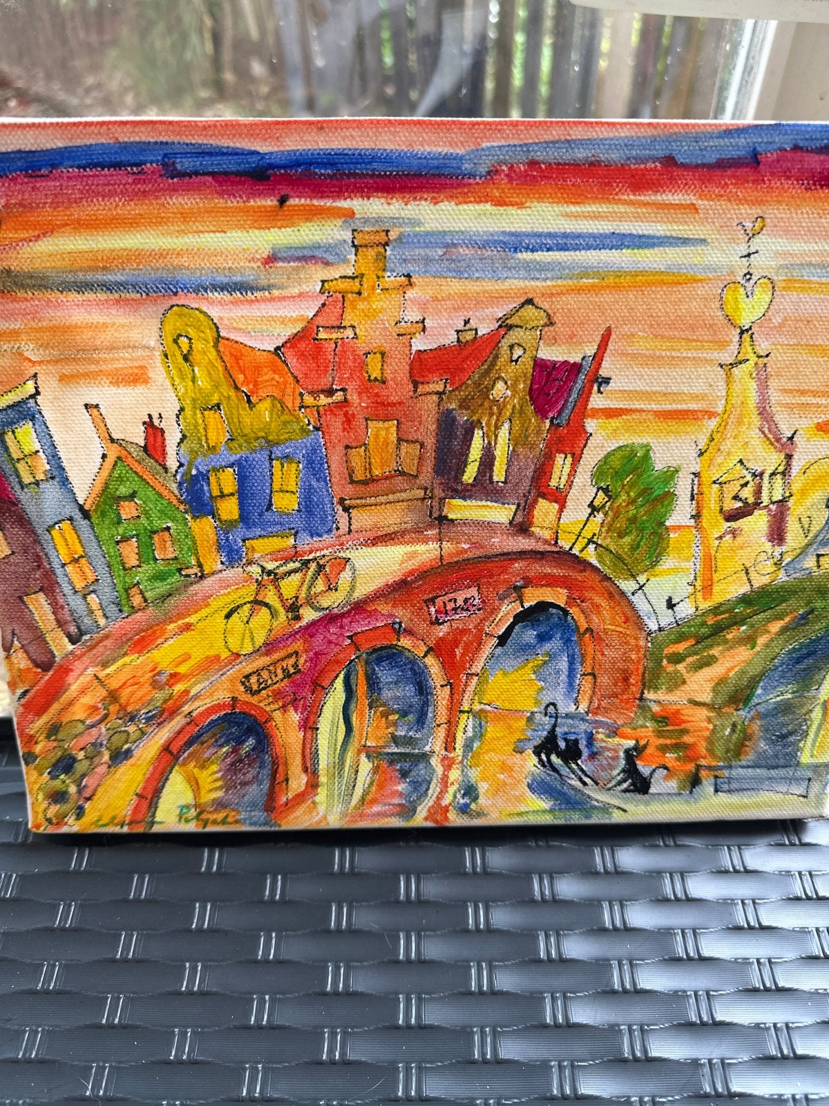 Kleurrijk Stadsgezicht met Katten en Brug - Elena Polyakova, Antiek en Kunst, Kunst | Schilderijen | Klassiek, Ophalen, Acrylverf