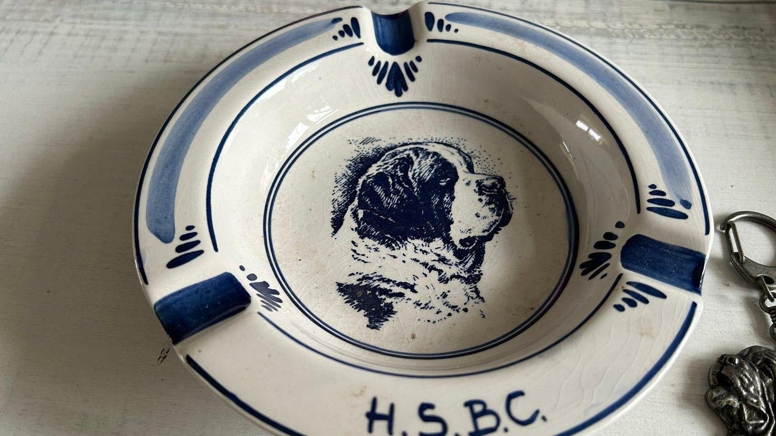 Vintage Delfts Blauw Asbak met Hond en sleutelhanger, Ophalen of Verzenden