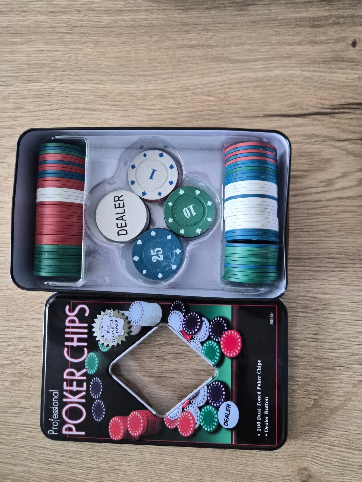 Professionele Poker Chips Set - 100 Chips met Dealer Button, Hobby en Vrije tijd, Drie of vier spelers, Ophalen of Verzenden, Zo goed als nieuw