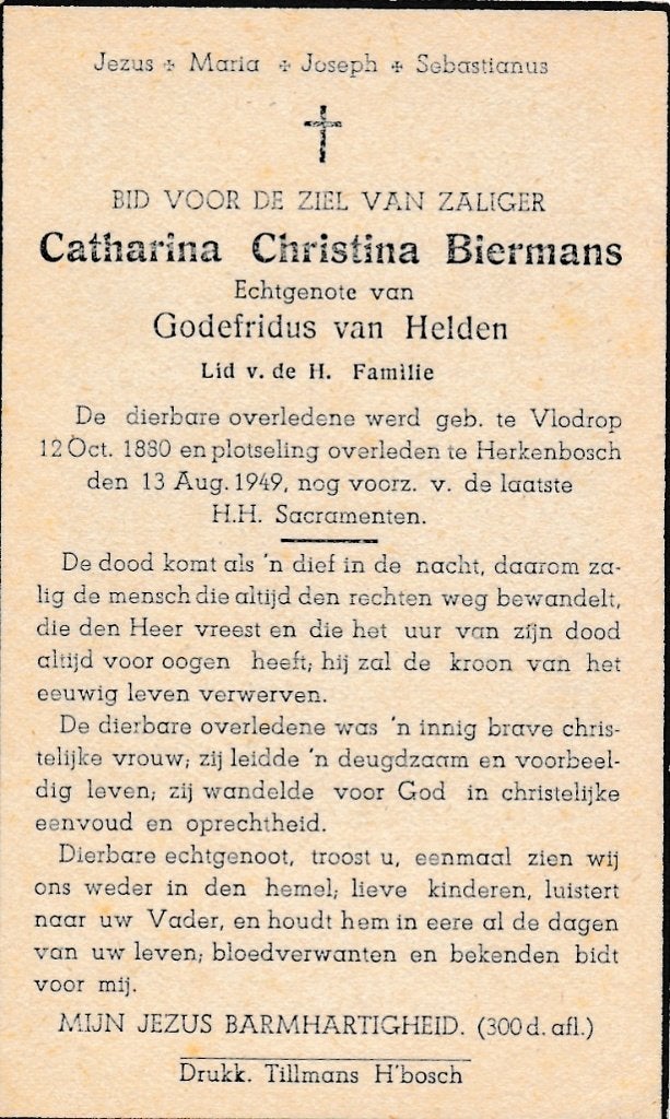 Biermans Catharina 1880 Vlodrop 1949 Herkenbosch, Verzamelen, Bidprentjes en Rouwkaarten, Ophalen of Verzenden, Bidprentje