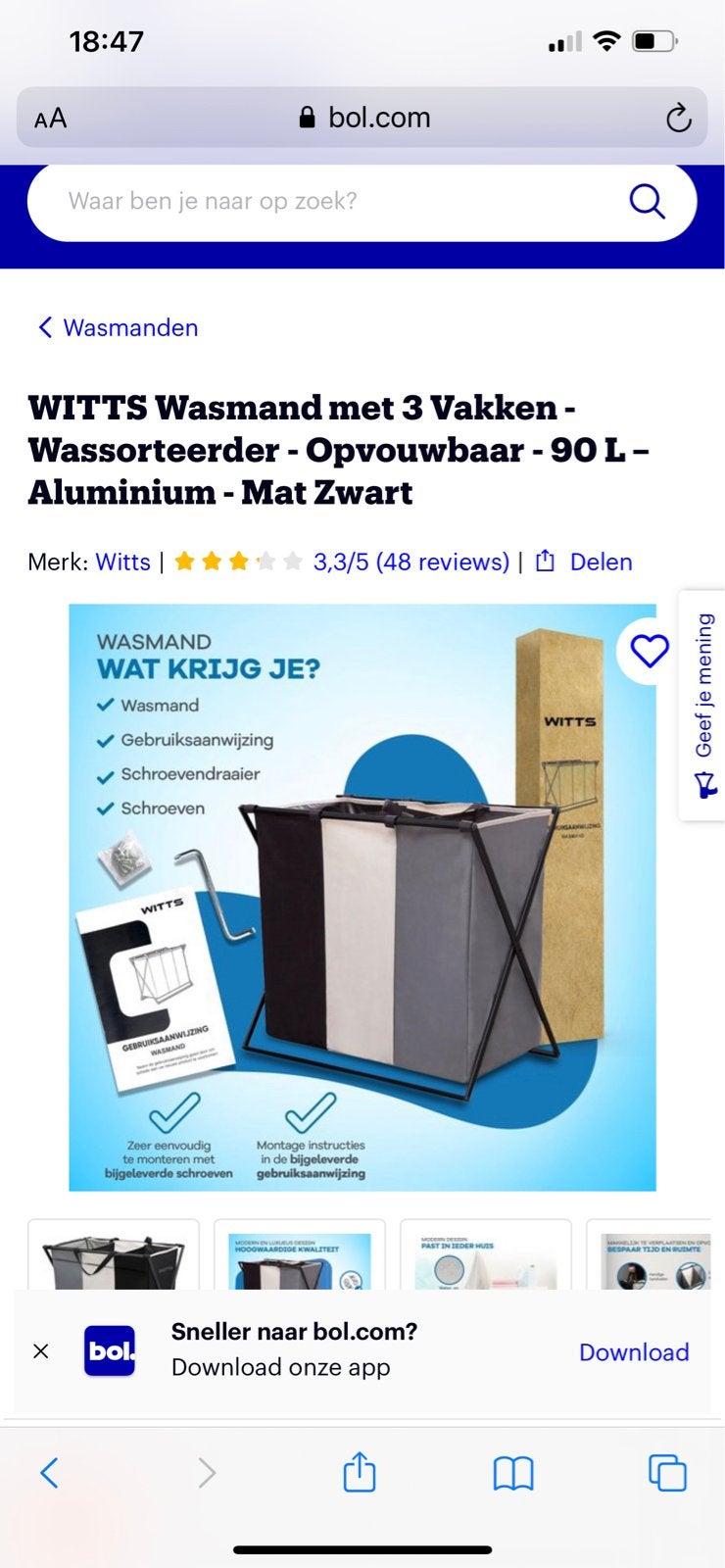 WITTS Waszak met 3 Vakken - 90L - Opvouwbaar - Zwart, Ophalen of Verzenden, Nieuw