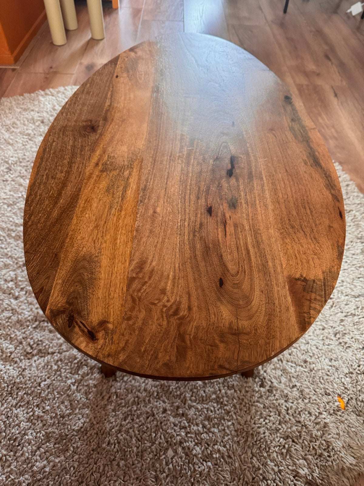 Ovale salontafel van massief mangohout, Ophalen, 50 tot 100 cm, Zo goed als nieuw, Ovaal