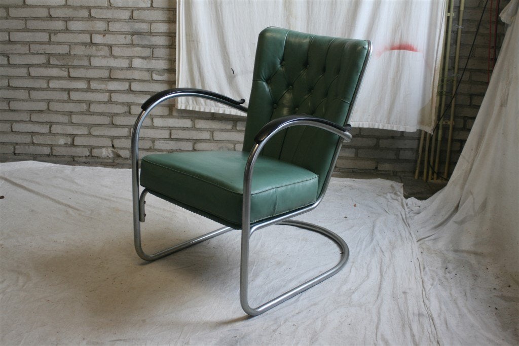 Vintage Jaren '50 Gispen 412 GE Mat Chroom Fauteuil Groen, Ophalen, Vintage Design Klassieker, Minder dan 75 cm, Gispen Culemborg