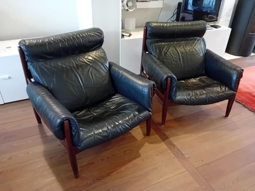 2 Durlet loungefauteuils zwart leer, België jaren ’70, Ophalen, Gebruikt, 75 tot 100 cm, Vintage, vroege Seventies