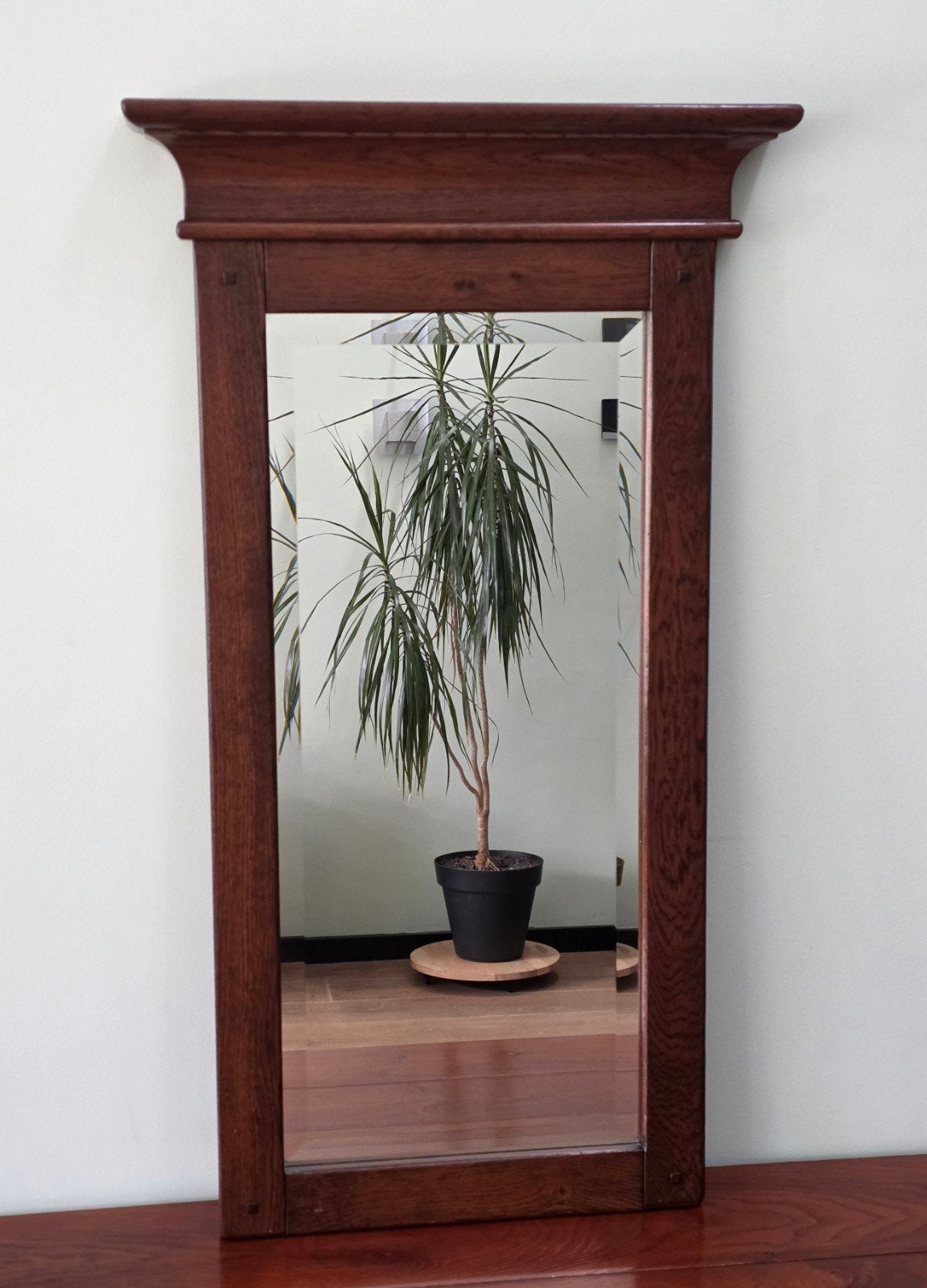 Antieke eiken wandspiegel ca. 1920 Arts & Crafts, Ophalen, Rechthoekig, 50 tot 100 cm, Minder dan 100 cm