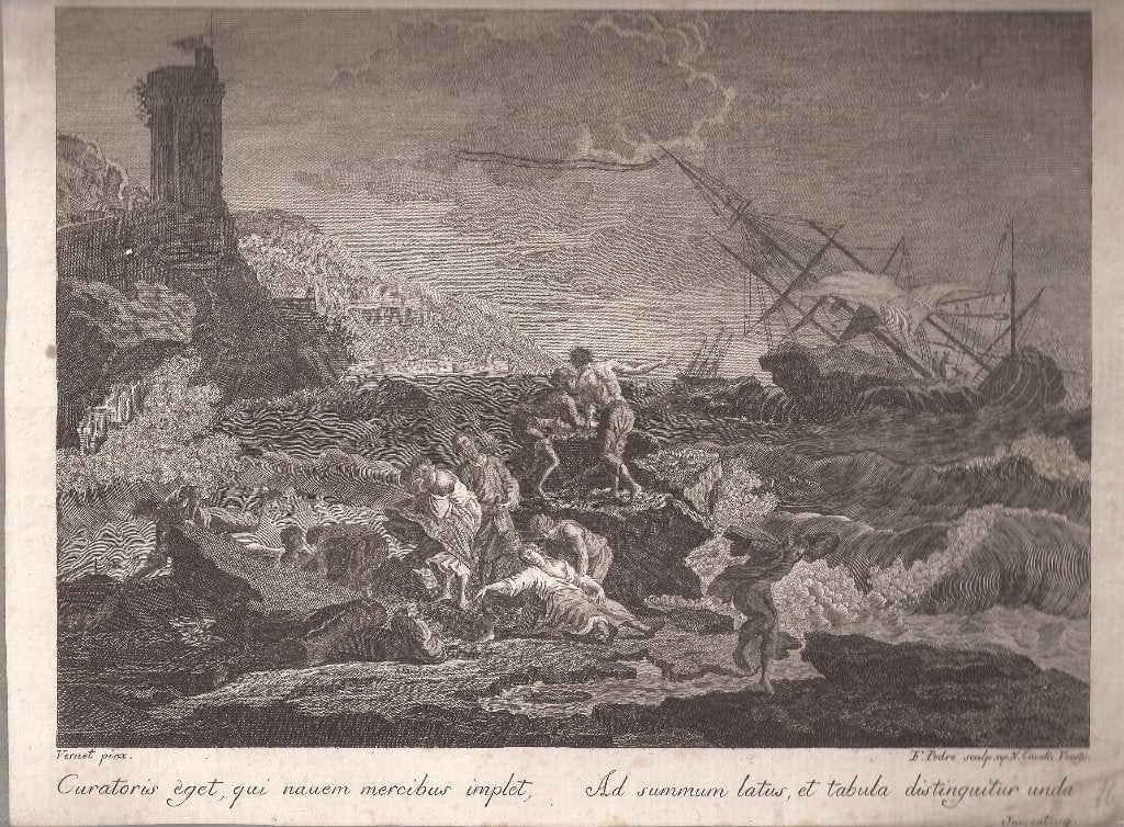Vernet,C.J.- Scheepswrak en schipbreukelingen aan de kust, Antiek en Kunst, 26 cm, 19 cm, Ophalen of Verzenden, 1700 - 1799