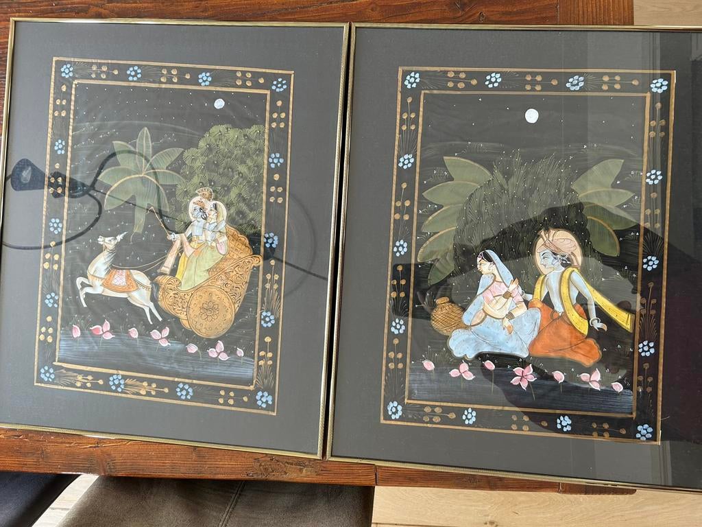 Twee Indiase miniaturen op zijde geschilderd en ingelijst, Antiek en Kunst, Kunst | Niet-Westerse kunst, Ophalen of Verzenden