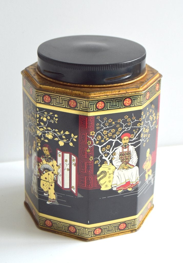Groot vintage theeblik met oosterse afbeeldingen, Verzamelen, Blikken, Gebruikt, Thee, Ophalen of Verzenden