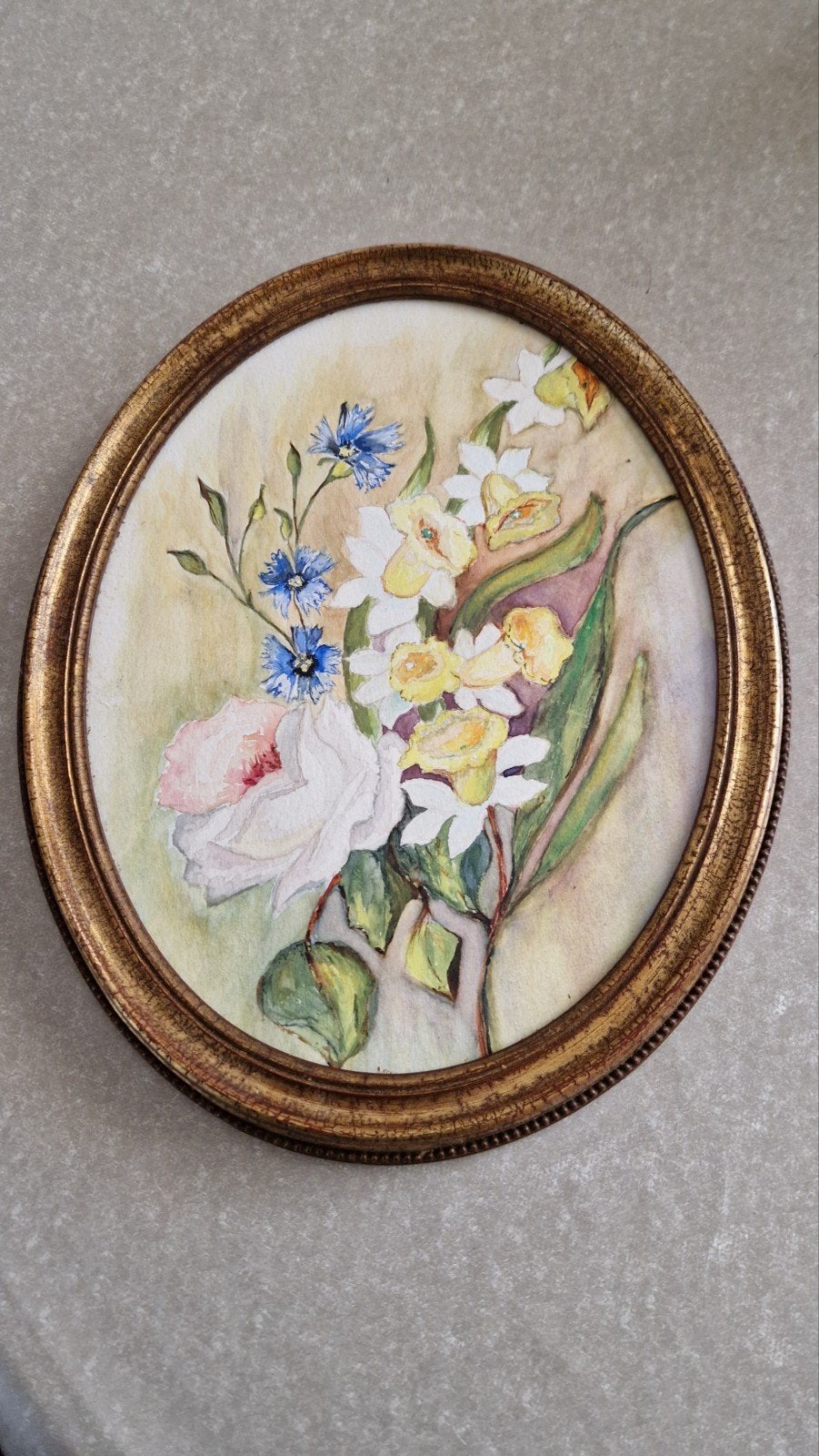 Brocante schilderijtje bloemen aquarel in ovale lijst, Bloemen, Ophalen of Verzenden, Aquarel, Papier