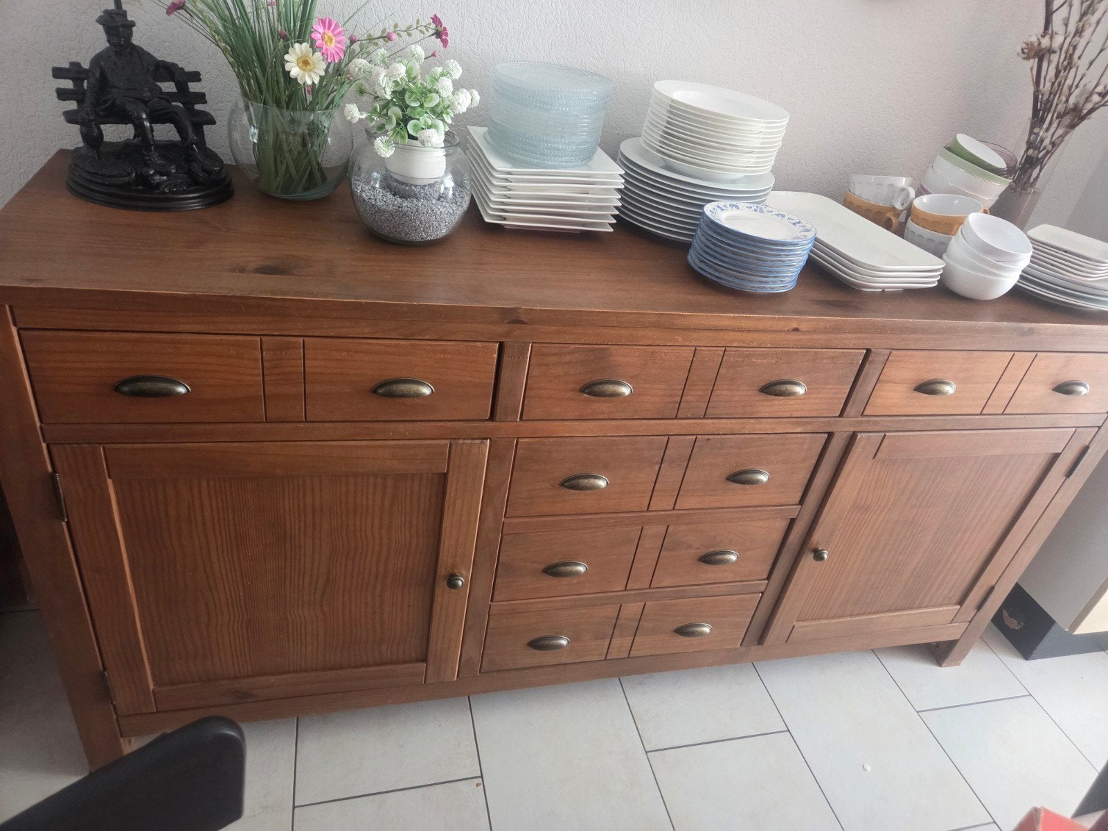2 houten dressoirs met lades en deuren en sidetable, Ophalen, Gebruikt, 150 tot 200 cm, Klassiek, Landelijk