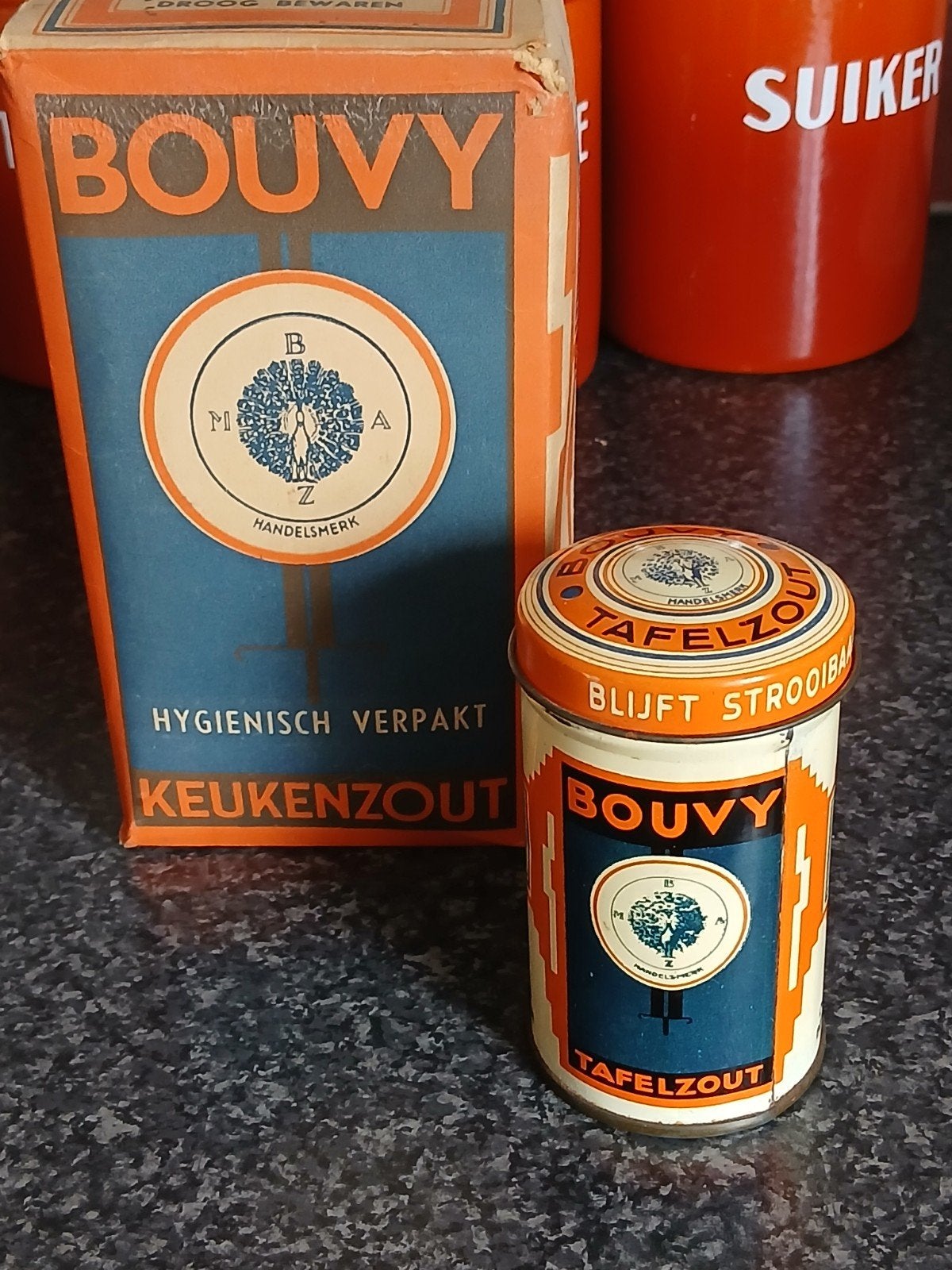 Oud pak Bouvy zout en strooi blikje., Ophalen of Verzenden, Gebruikt, Verpakking