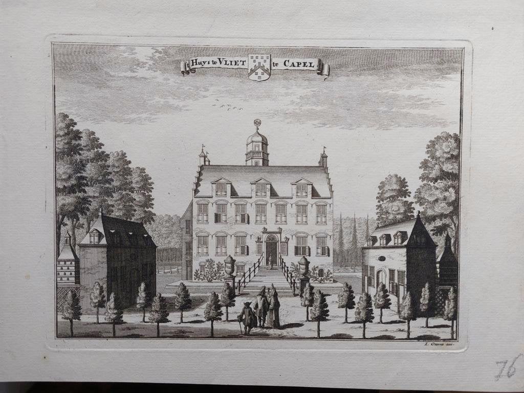 U025 / Huis te Vliet Kopergravure uit ca 1740 Jan van Vianen, Antiek en Kunst, Ophalen of Verzenden