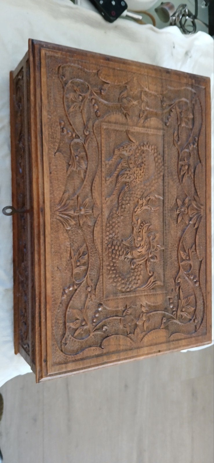 Antiek Palissander Houten Sieradenkistje met Draak Snijwerk, Ophalen of Verzenden