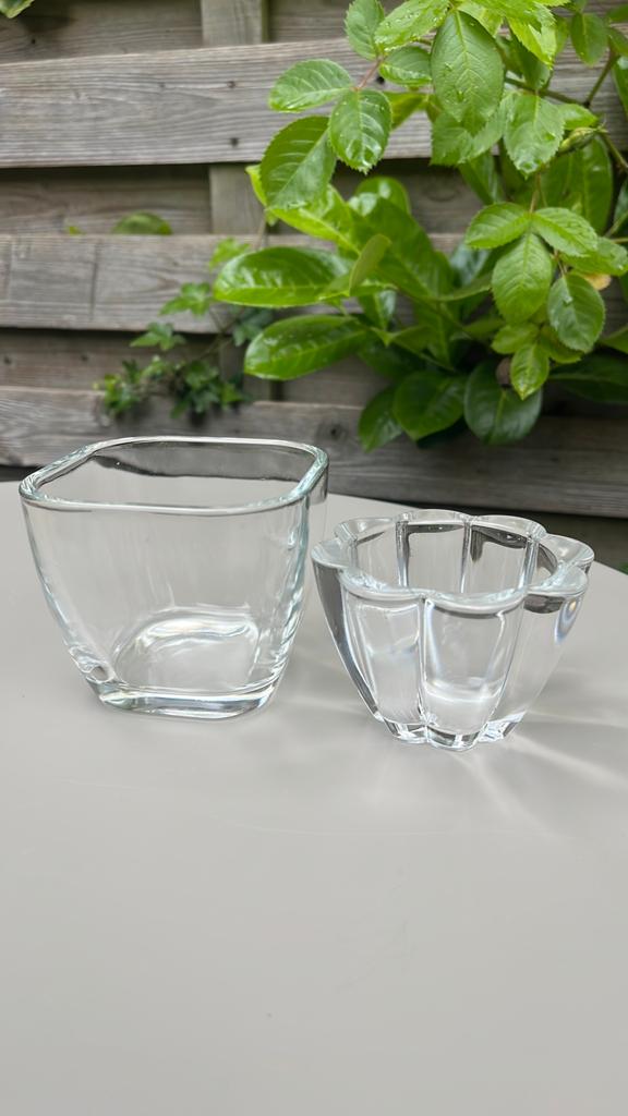 Set van 2 glazen kaarsenhouders, Ophalen of Verzenden, Zo goed als nieuw, Glas