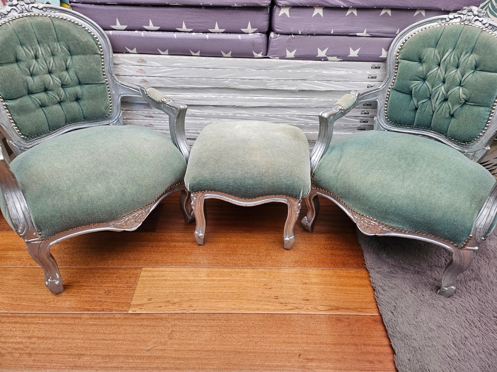 Barok kindersetje met Turquoise velours stof, Ophalen, Gebruikt, Eenpersoons, 75 tot 100 cm