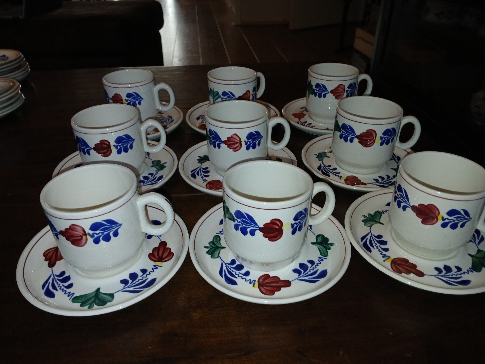 Set van 9 Boerenbont Boch koffiekopjes met schotels, Ophalen of Verzenden