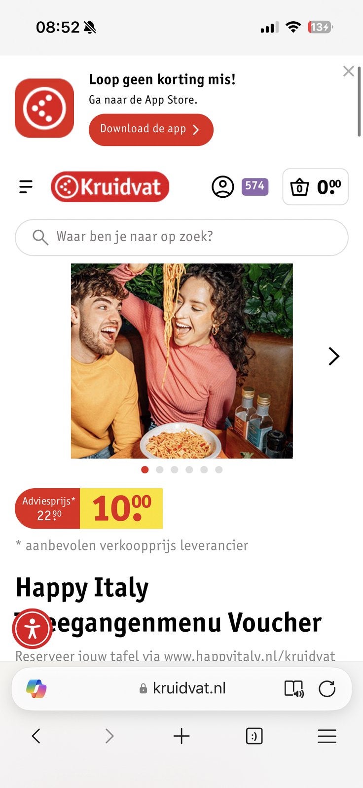 Happy italy voucher (deze week nog geldig), Twee personen, Kortingsbon