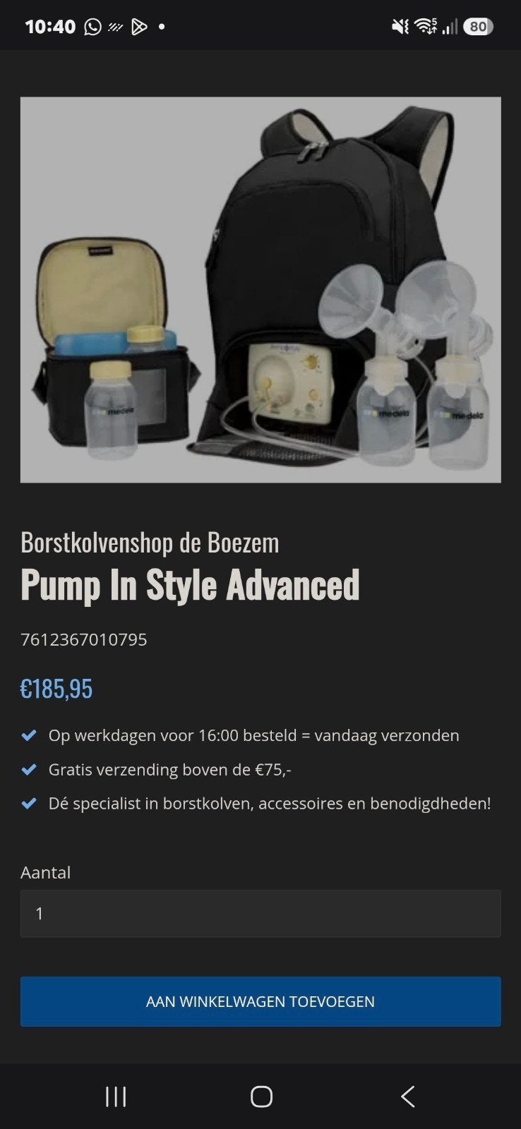 Medela Pump In Style Advanced borstkolf met rugzak, Ophalen of Verzenden
