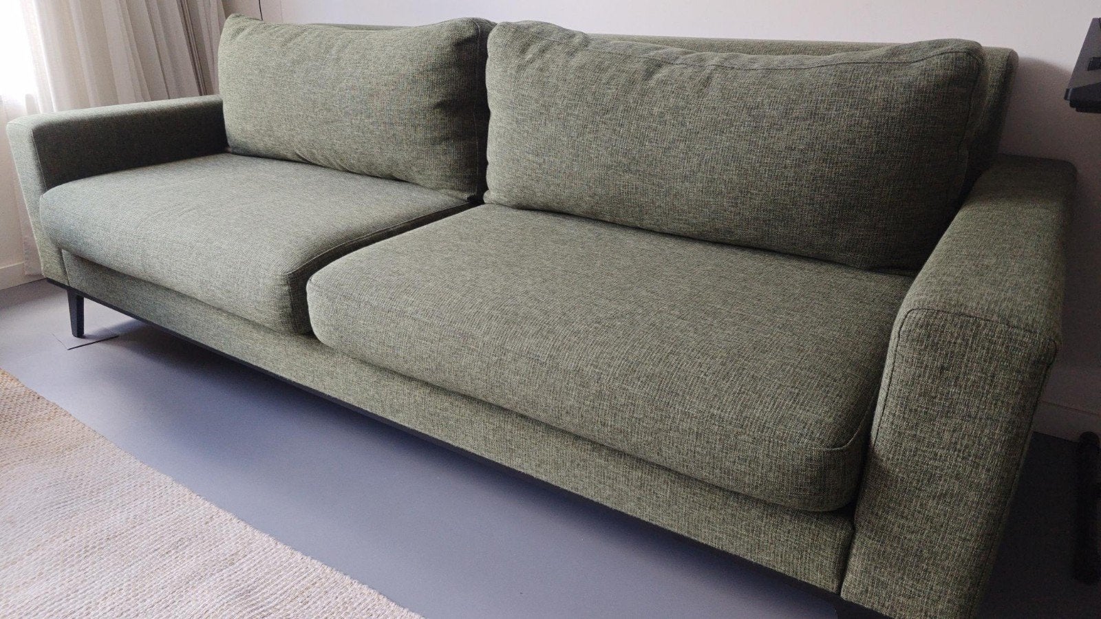 Groene 3-zitsbank Goossens met hocker – Metalen poten, Ophalen, Gebruikt, 100 tot 125 cm, Driepersoons