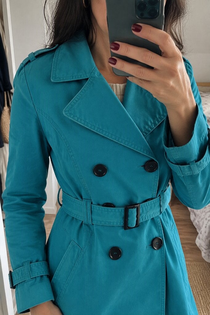 petrol blauwe Trenchcoat met Riem - Vrouwen - Maat 38, Maat 38/40 (M), Blauw, H&M Divided, Ophalen of Verzenden