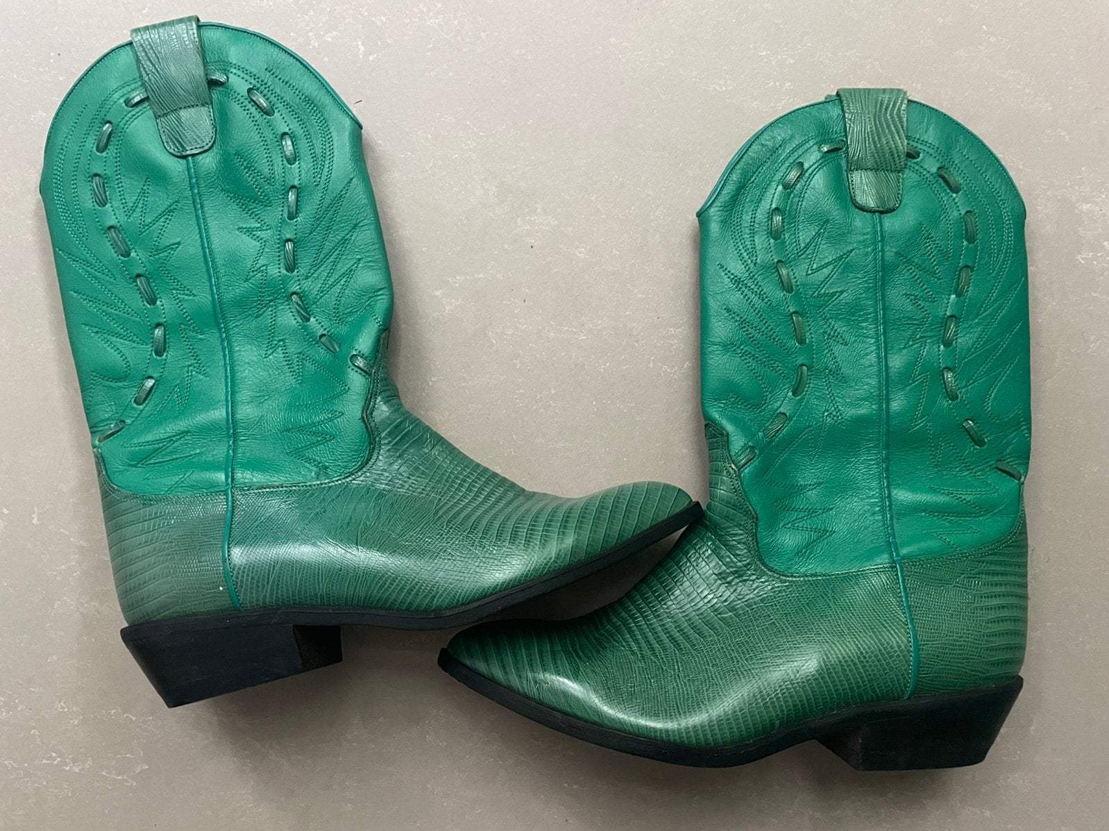 Groene leren vintage western cowboy laarzen 39, Kleding | Dames, Verzenden, Zo goed als nieuw, Groen, Hoge laarzen