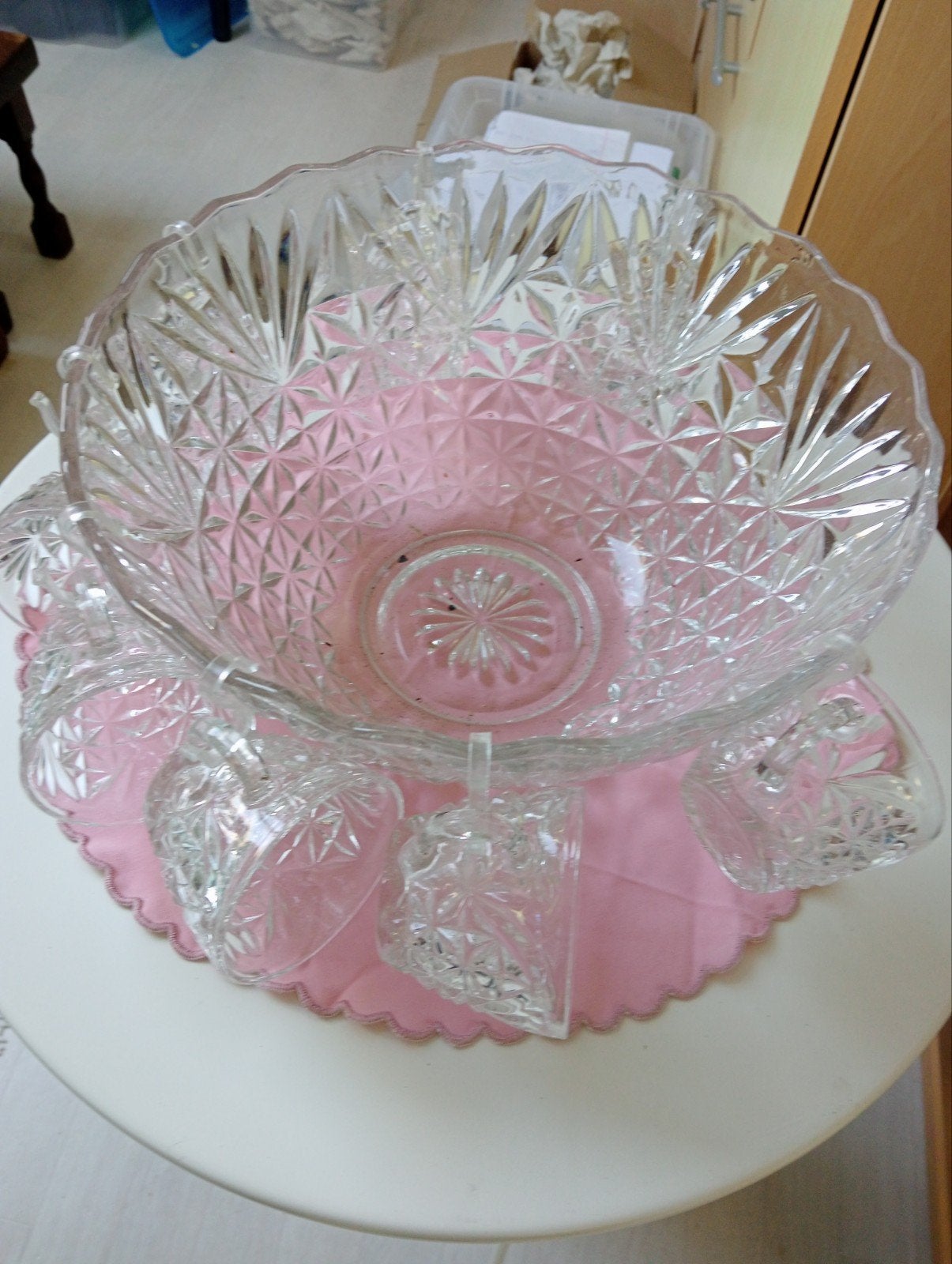 Vintage Glazen Punch Bowl Set met 8 Kopjes, Ophalen