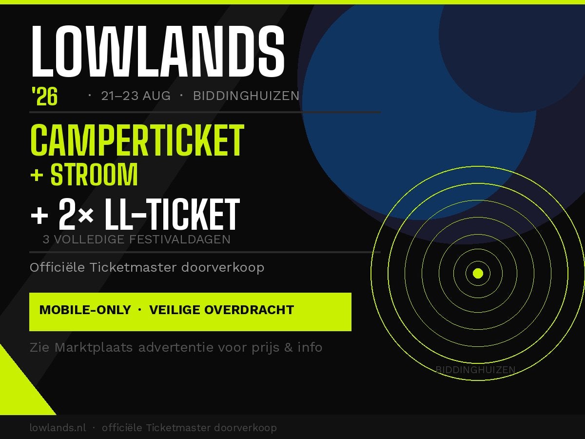 Lowlands camperplek + stroom + 2x festivalticket (kostprijs)