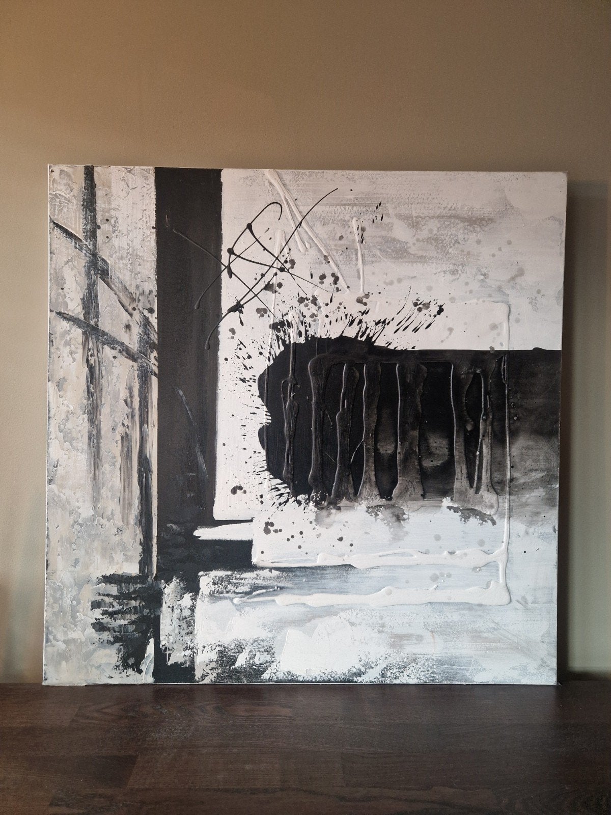 Abstract Schilderij met Reliëf - Wit, Zwart, Beige, Ophalen
