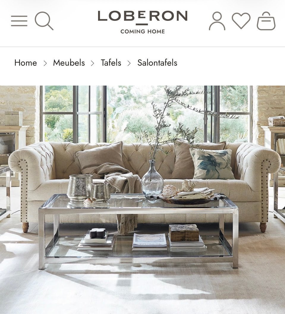 Loberon Salontafel Clayton 130x60x40 -RVS & glas, Ophalen, Gebruikt, 50 tot 100 cm, Glas
