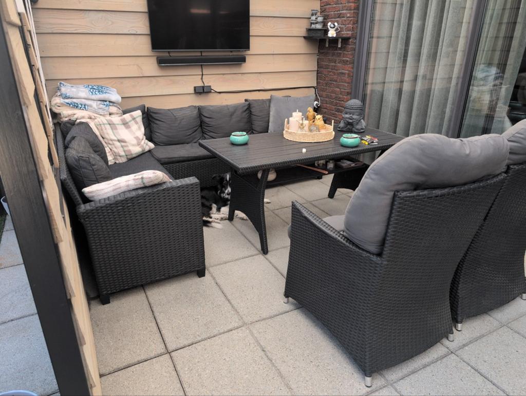 Complete tuinset: hoekbank, tafel en 2 fauteuils, Ophalen, Gebruikt, Bank, Rotan