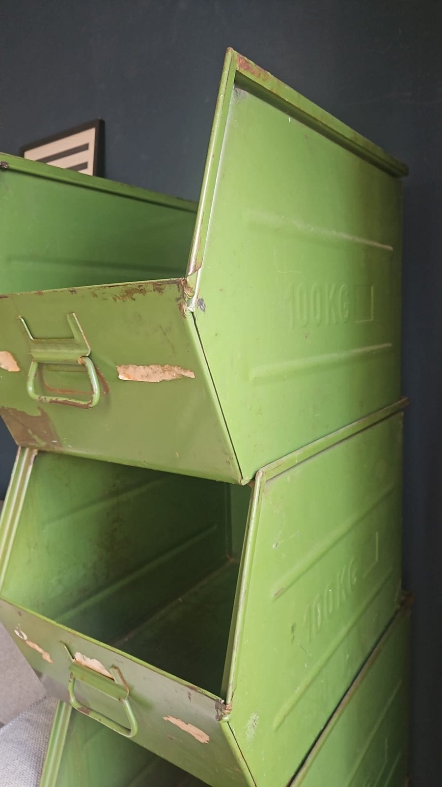 Vintage groene metalen stapelbakken 8stuks, Ophalen