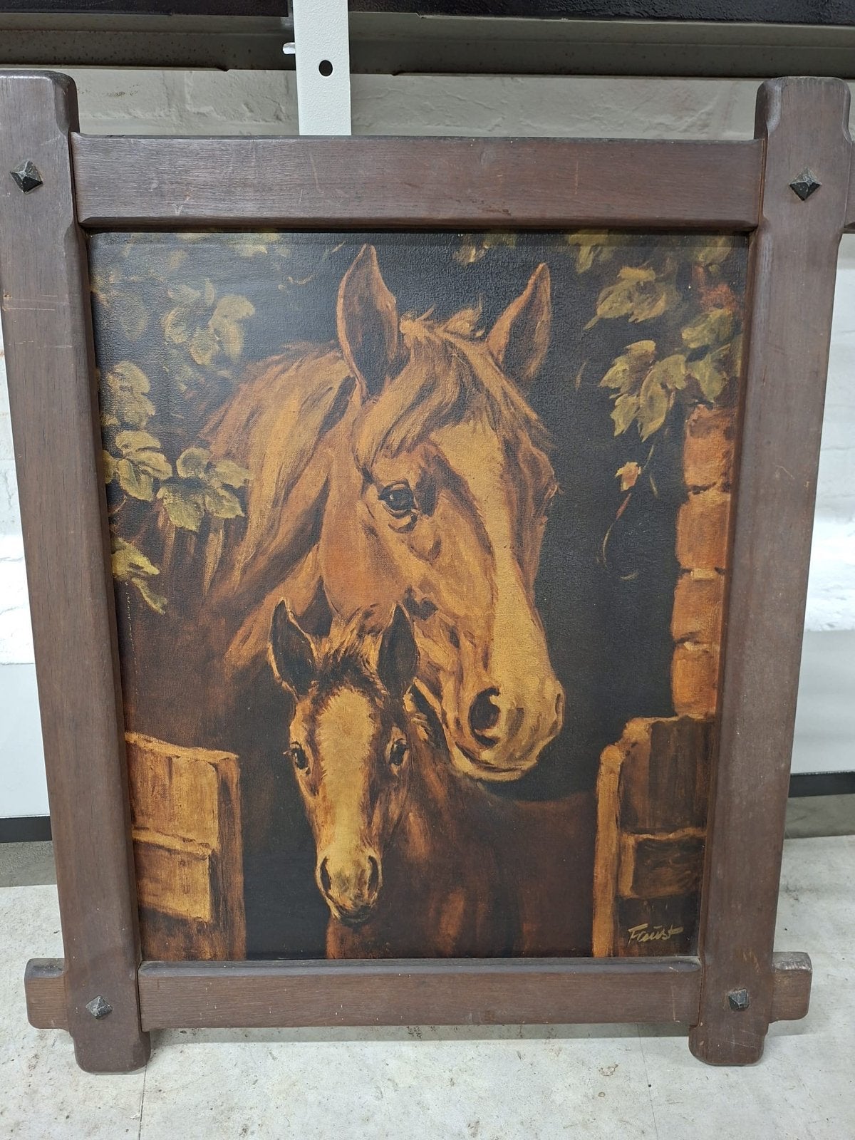 Schilderij paard en veulen in houten lijst, Antiek en Kunst, Doek, Realistisch, Dieren, Ophalen of Verzenden